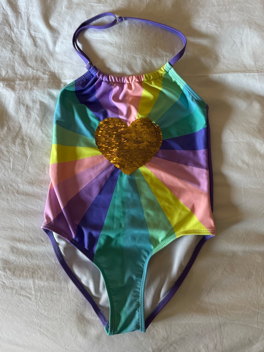 Girls Rainbow Sequin Heart One-Piece Swimsuit - Multicolor